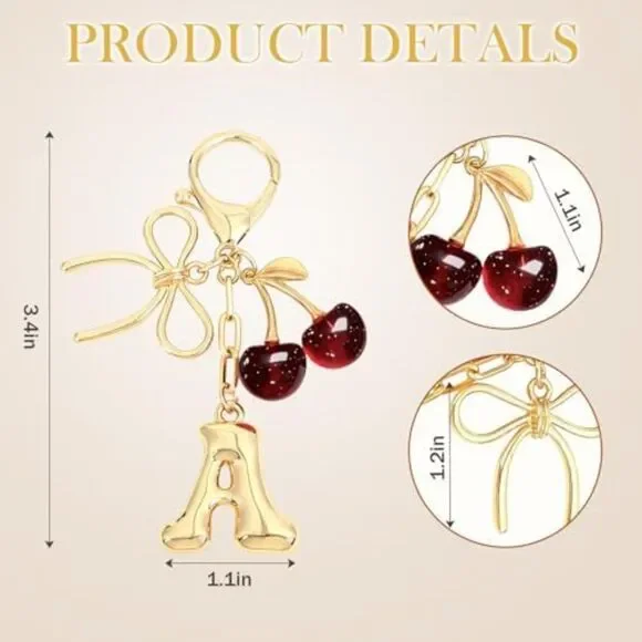 Bubble Initial Keychain Bow Cherry Gold Letter Bag Charm for Women Purse Handbag - Picture 4 of 7